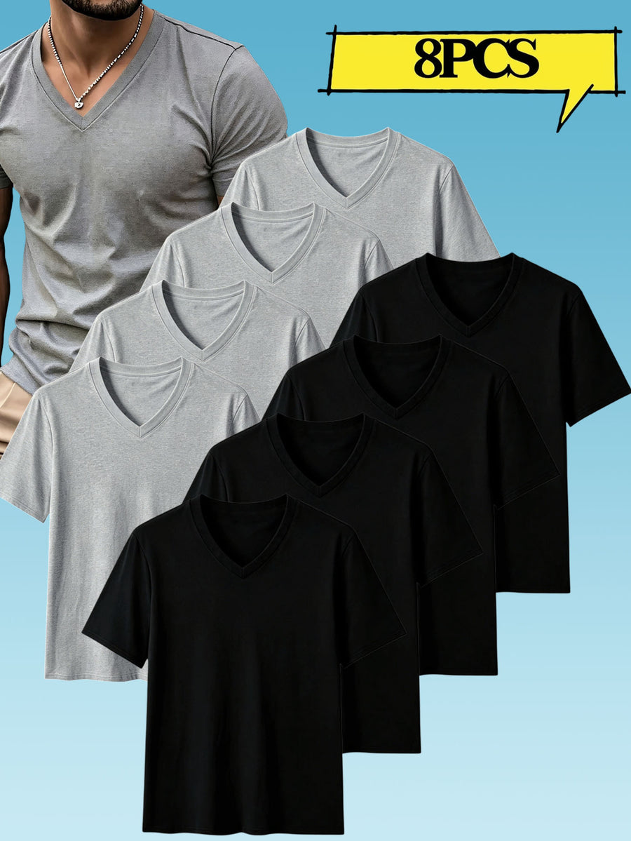8pcs Men's Casual Knit Ribbed V-Neck T-Shirt / Soft and Comfortable Fabric / Short Sleeve / Solid Color / Crew Neck / Back-to-School Season, Casual Sporty Design Top, Multiple Colors Available, Suitable for Summer Daily Wear - 4 pieces black + 4 pieces light gray