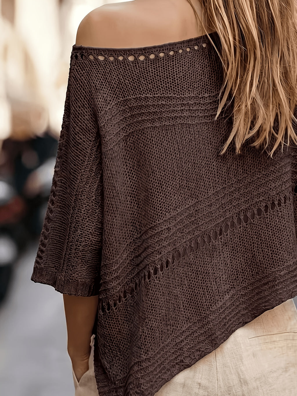 Women'S Hollow-Out Poncho Top, Boat Neck Irregular Hem Summer Beach Cover-Up, Seaside Bohemian Vacation Style Casual Top, Lightweight Breathable Loose Sweater, Mesh Detail Striped Design, Relaxed Layering Style, Suitable for Holiday, Daily Wear - Coffee Color