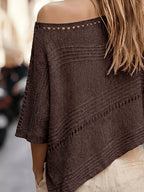 Women'S Hollow-Out Poncho Top, Boat Neck Irregular Hem Summer Beach Cover-Up, Seaside Bohemian Vacation Style Casual Top, Lightweight Breathable Loose Sweater, Mesh Detail Striped Design, Relaxed Layering Style, Suitable for Holiday, Daily Wear - Coffee Color