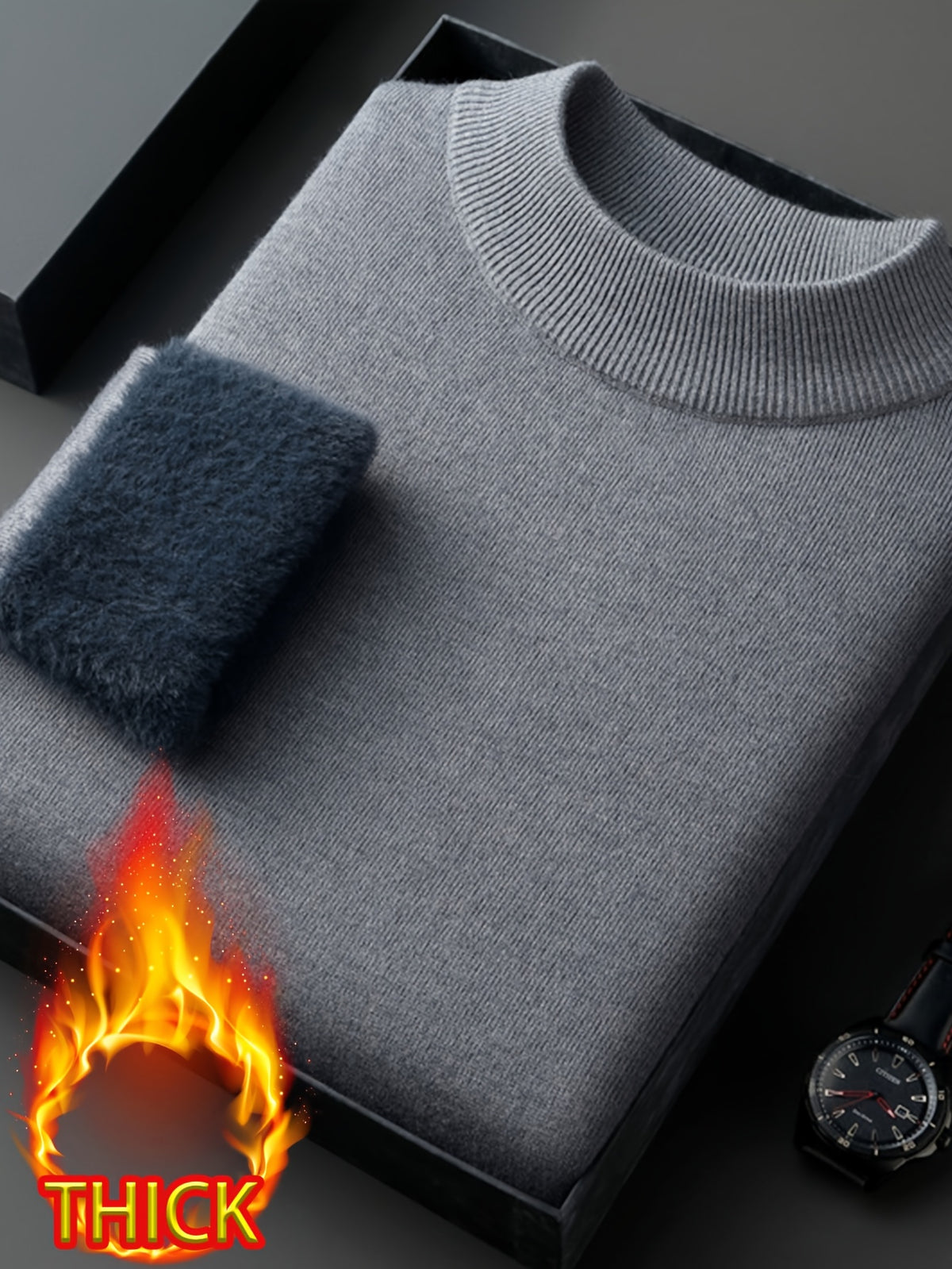 Men's Half-Turtleneck -Lined Thickened Warm Sweater, Featuring a Classic Half-turtleneck Design That Fits Snugly Around the Neck for Wind Protection and Warmth. Solid Color, Simple and Versatile, Suitable for Both Commuting and Daily Wear - Advanced Gray