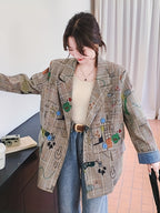Women's Gray Plaid Blazer Jacket, Spring 2025 New Arrival, Street-Style Design, Loose Fit, Casual Graffiti Print Suit Jacket - Multicolor