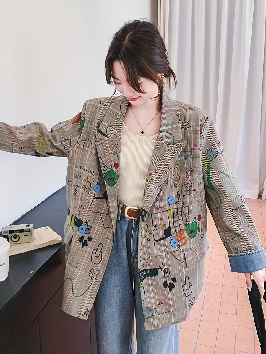 Women's Gray Plaid Blazer Jacket, Spring 2025 New Arrival, Street-Style Design, Loose Fit, Casual Graffiti Print Suit Jacket - Multicolor