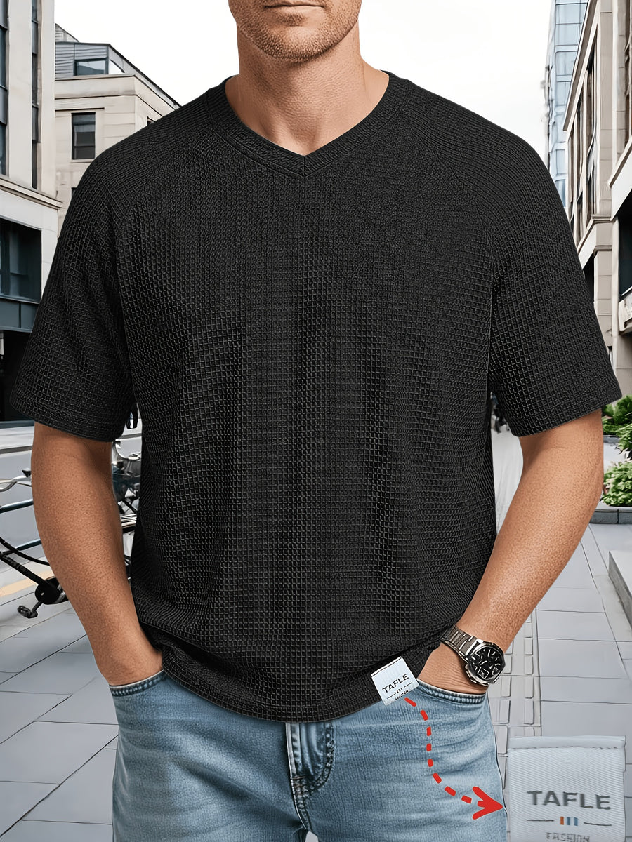 Men's Large Waffle Knit Chicken-Heart Neck T-Shirt - Loose Fit Short Sleeve Crew Neck Shirt with Hem Logo Decoration, Breathable Summer Casual & Sportswear, Solid Color Suitable for Gym, Casual Attire, Machine Washable - Black