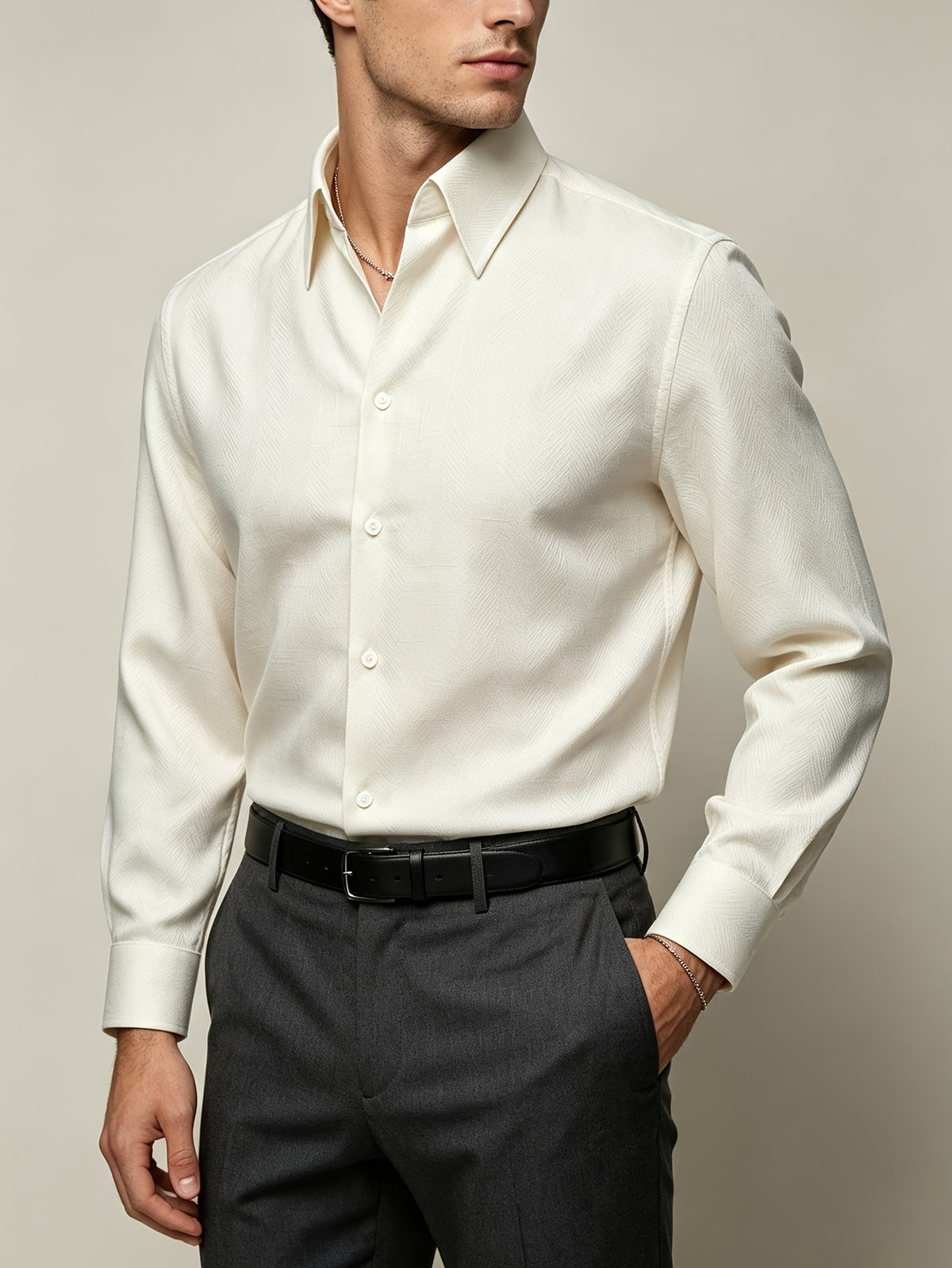 European and American Style Men's Long-Sleeve Shirt, High-End Feel, Casual Business, Wrinkle-Resistant, Single-Spread Collar Top, -Linen Texture, Formal Dress Shirt - Ivory White