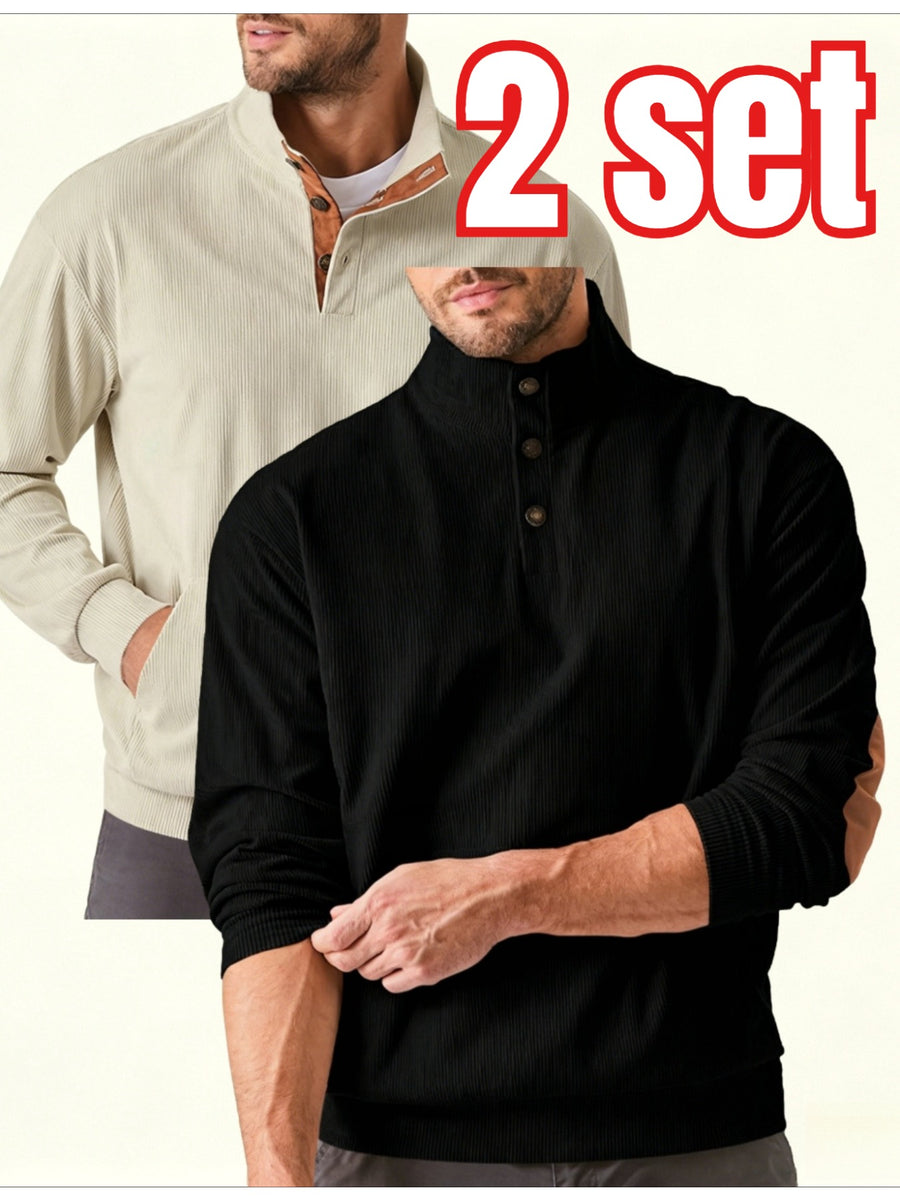 2pcs Men'S Corduroy Half-Button Stand Collar Long Sleeve Pullover Sweater, Contrast Color Button-Front Half-Open, Elbow Contrast Patchwork Decoration, Front Kangaroo Pocket, Ribbed Cuffs And Hem Retro Fashion Sweatshirt - xing+hei