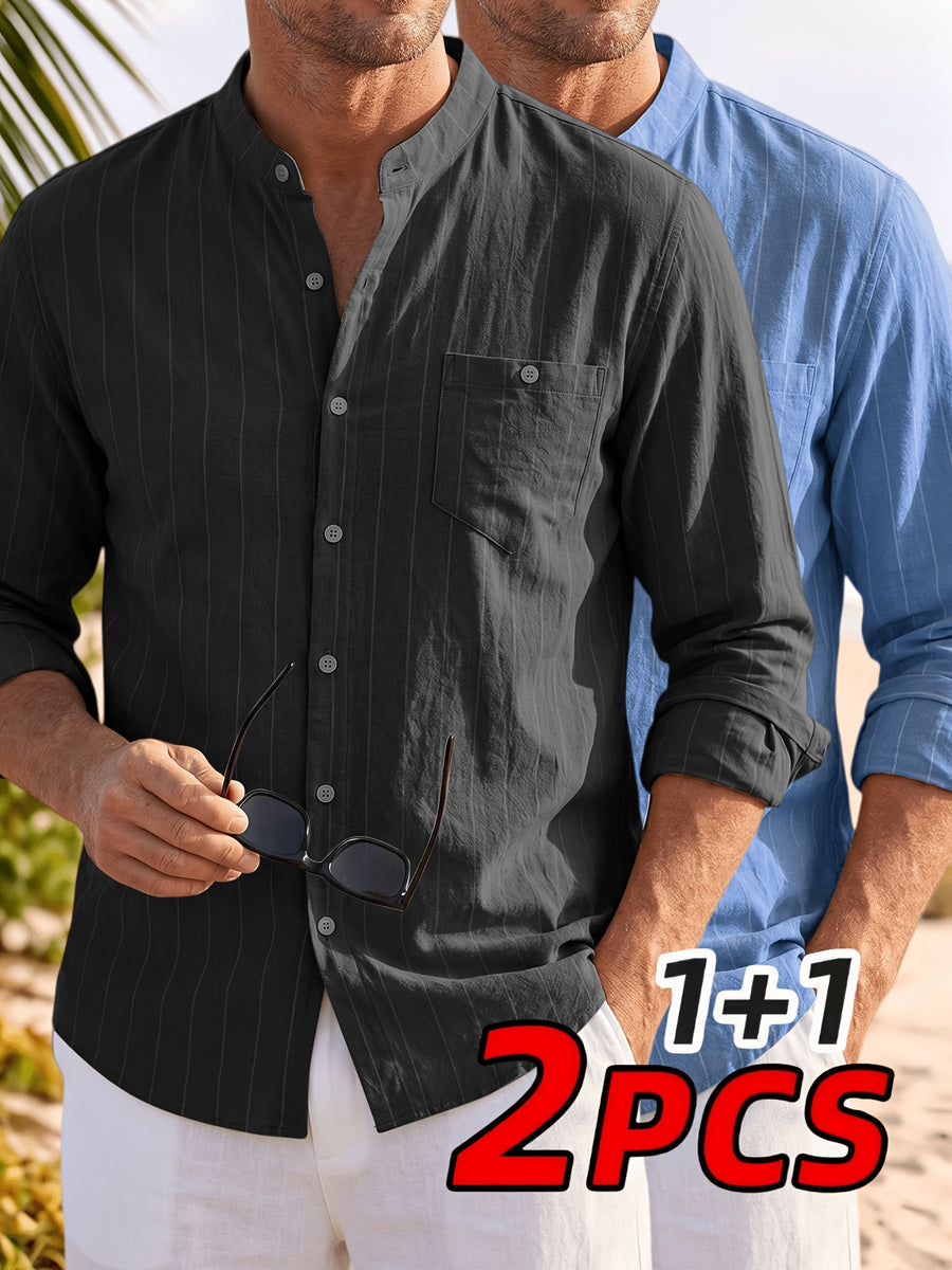 2pcs Men's Casual Linen Striped Henley Shirts, Breathable and Lightweight Full-Open Placket, Long Sleeves with Pockets, Suitable for Summer and Autumn Outdoor Leisure and Beach Vacation Occasions - Black+Blue