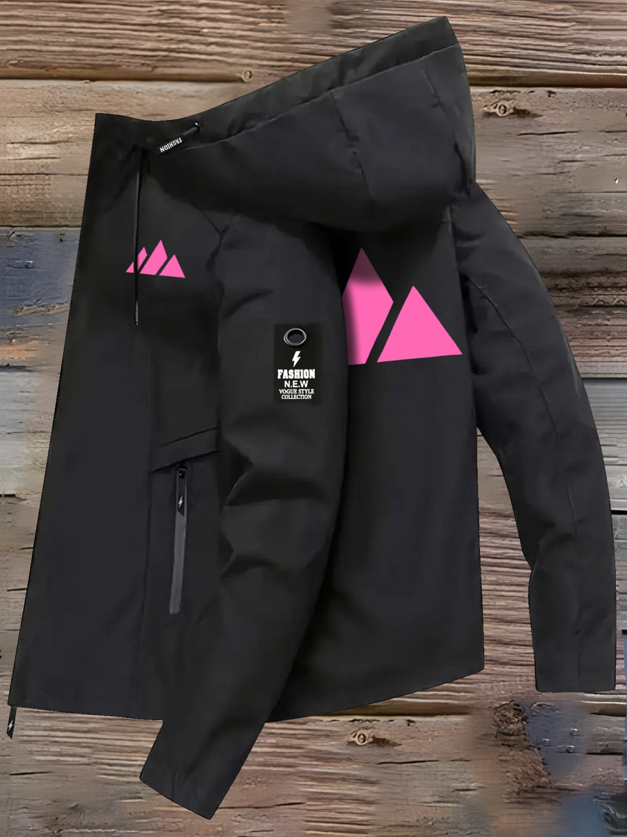 Women's Lightweight Travel Jacket, Casual Dating Comfortable Outerwear, Outdoor Hooded Daily Commute Jacket, New Mountain Climbing Printed Drawstring Fashionable Style - Black