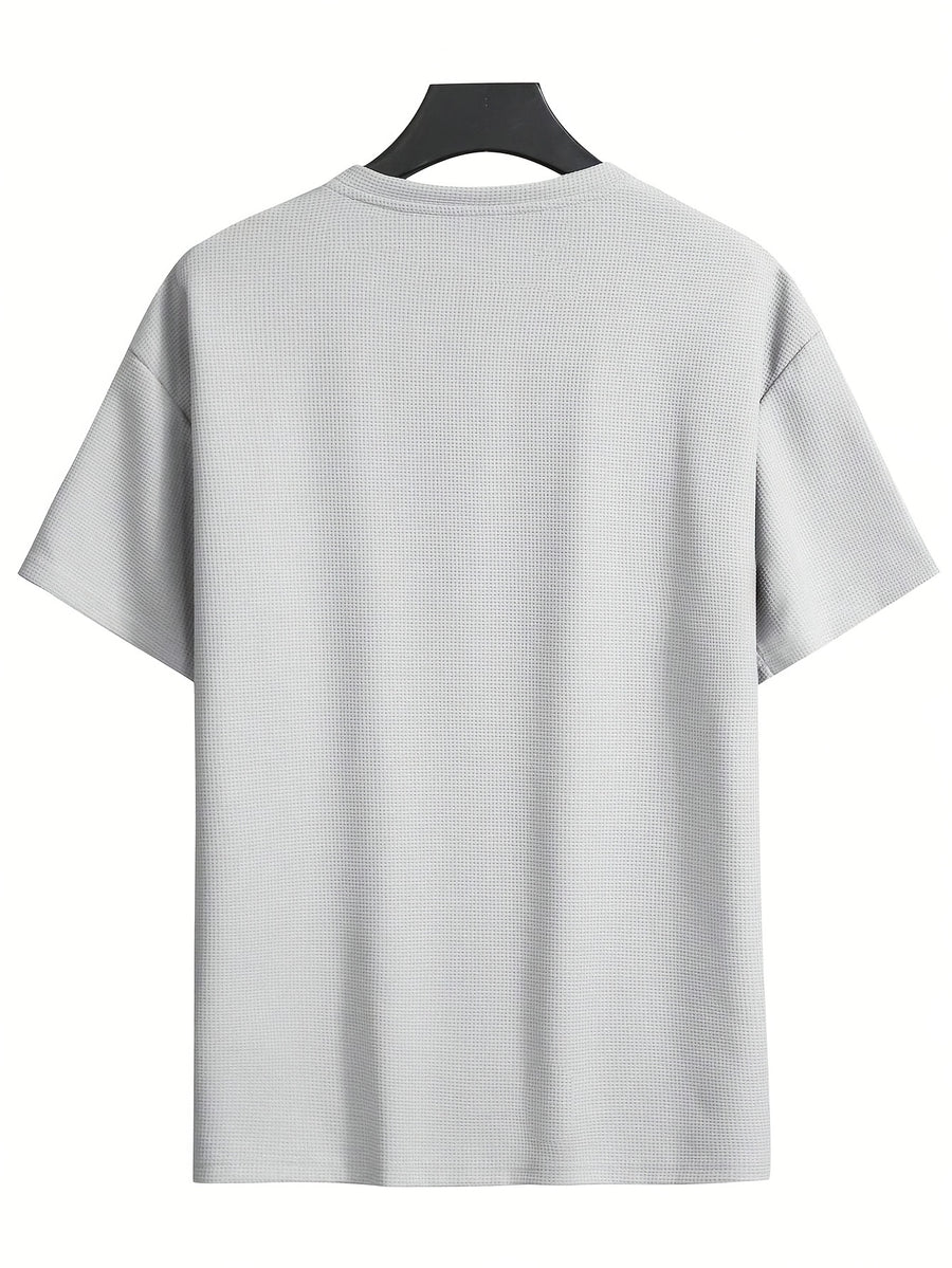 Men's Waffle-Knit Short Sleeve T-Shirt - Breathable Base Layer & Casual Round Neck Pocket Tee, Solid Color Suitable for Gym, Casual Attire, Machine Washable, Spring/Summer Layering Shirt, High-Fit Rate for Lifestyles - Black+Light Grey