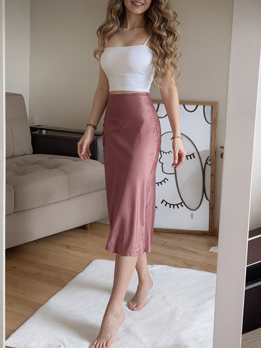 Fashionable City Commute Casual Outing Beach Vacation Home Outerwear Slit Satin-Like Pink Women'S Skirt - Peach