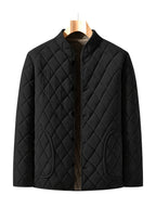 Men's Winter -Lined Padded Coat, Solid Color with Diamond Diagonal Stitching, Pockets, Stand-Up Collar, Casual Warm Outerwear - Black