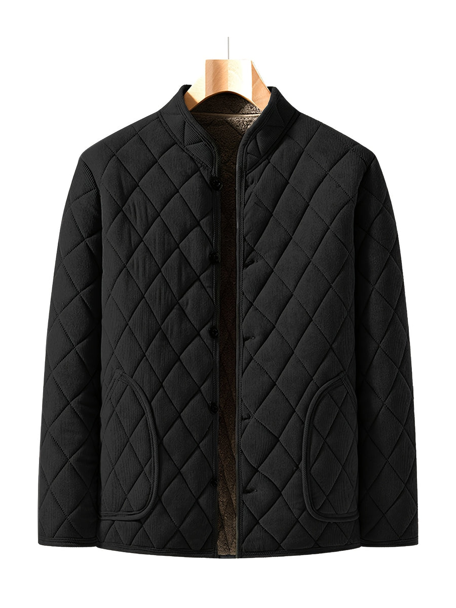 Men's Winter -Lined Padded Coat, Solid Color with Diamond Diagonal Stitching, Pockets, Stand-Up Collar, Casual Warm Outerwear - Black