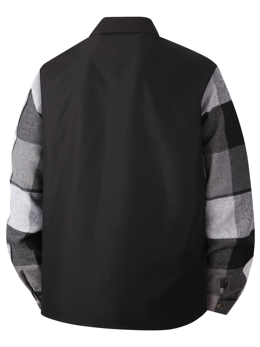 Men'S Spring And Autumn Black Casual Button-Up Shirt, Checkered Splicing Sleeves with 2 Pockets, Flannel Splicing Color-Contrasting Long Sleeve Top, Breathable Lightweight Autumn Coat S-XXXL, Halloween Gift for Boyfriend Father - Black And White Plaid