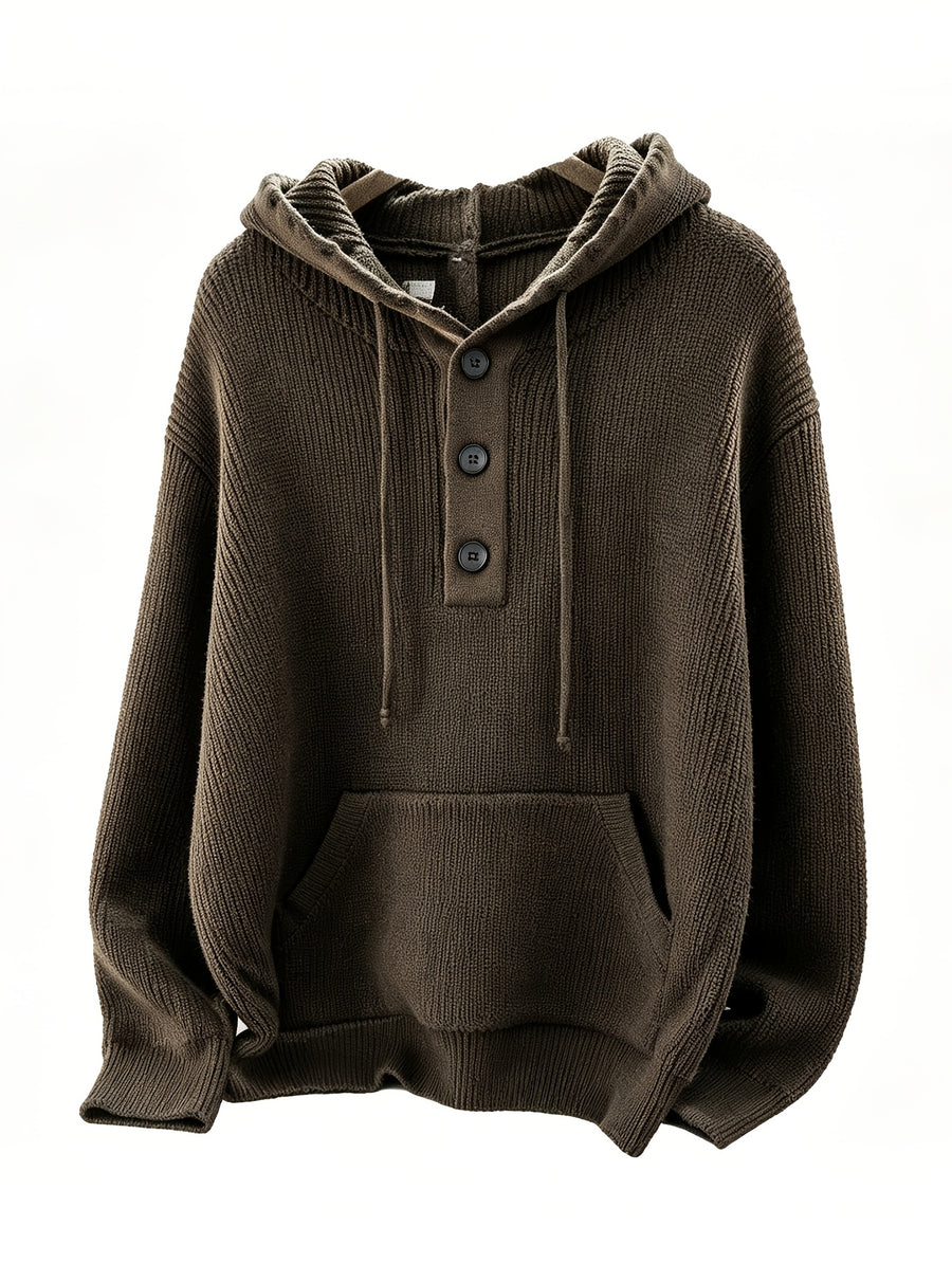 Men'S Hooded Pullover Sweater Half-Button Drawstring Kangaroo Pocket Thick Yarn Knitwear Autumn Winter Trendy Casual Daily Pullover Sweater - Coffee Color