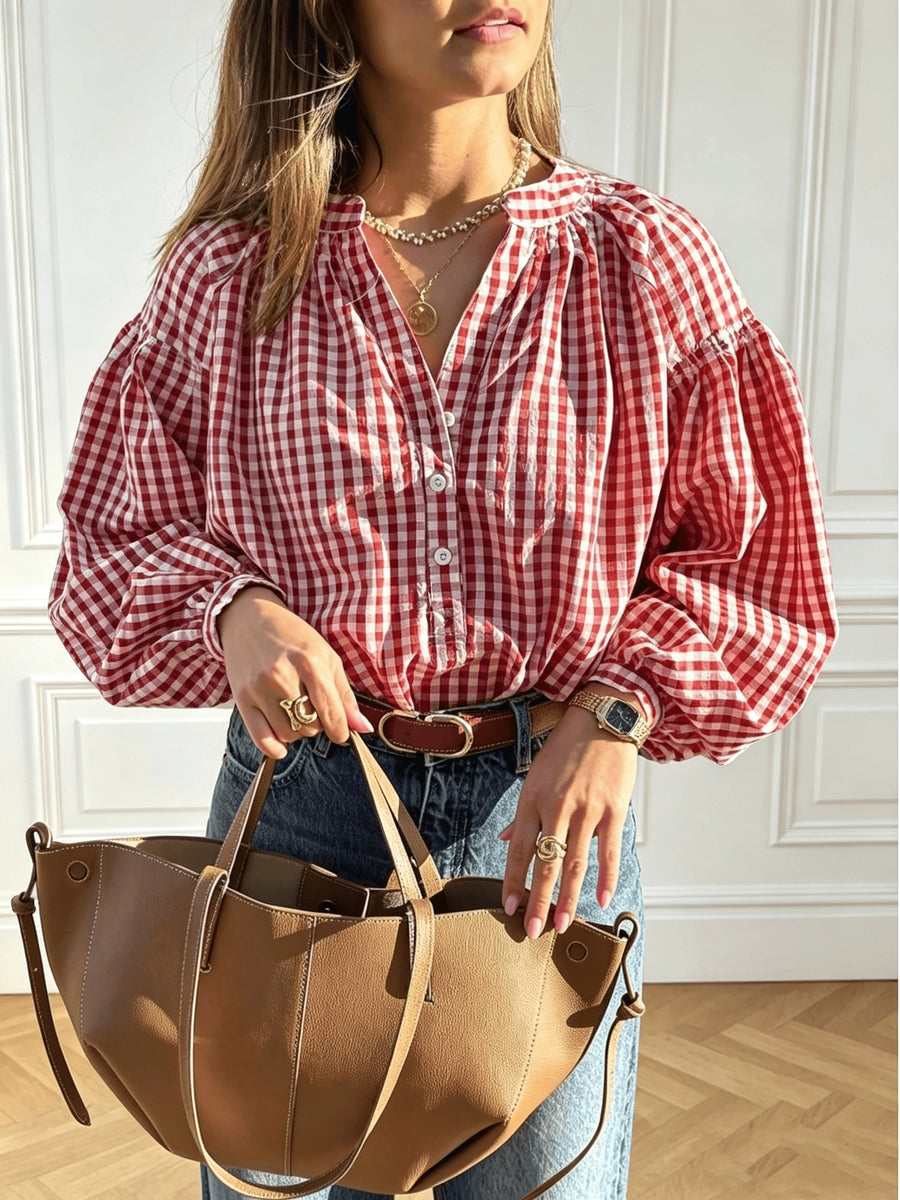 Fresh Plaid V-Neck Loose Fit Commuter Long Sleeve Shirt with Contrast Color Plaid and Front Buttons - Red