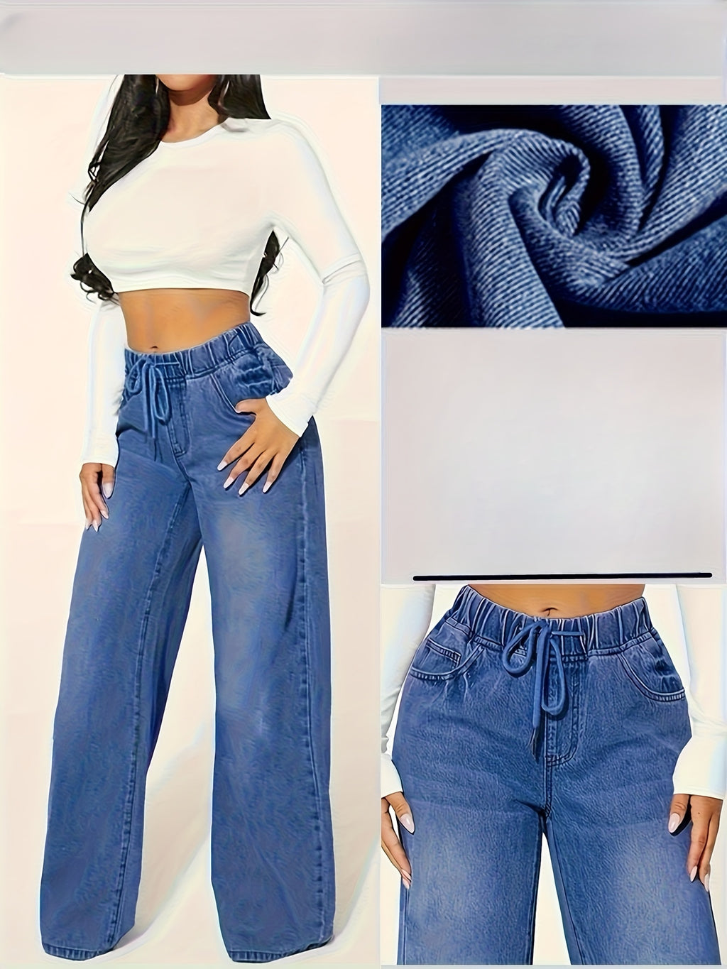 Women's High-Waisted Wide-Leg Jeans Pants - Elastic Waistband & Drawstring Closure, Classic Blue, Slim-Fit Straight Leg Trousers for All-Season Wear, Casual & Dressy Outfits, Timeless Wardrobe Staple (Machine Washable) - Deep Blue