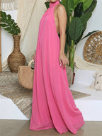 Women'S Casual Vacation Chiffon Halter Neck Backless Wide-Leg Jumpsuit - Dark Pink