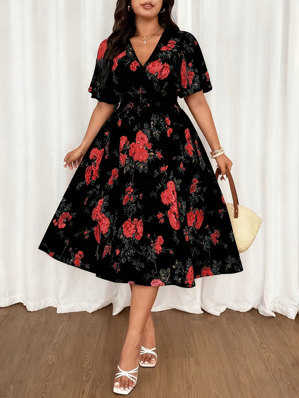 Plus Size - Summer Women'S Plus Size Women'S Summer Fashion Elegant Temperament Bohemian Floral Print Mid-Length Short-Sleeved Head Set V-Neck Loose Elastic Waist Lotus Leaf Sleeves Suitable for Vacation, Weddings, Formal Occasions, Festivals - Mixed colors