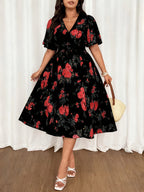 Plus Size - Summer Women'S Plus Size Women'S Summer Fashion Elegant Temperament Bohemian Floral Print Mid-Length Short-Sleeved Head Set V-Neck Loose Elastic Waist Lotus Leaf Sleeves Suitable for Vacation, Weddings, Formal Occasions, Festivals - Mixed colors