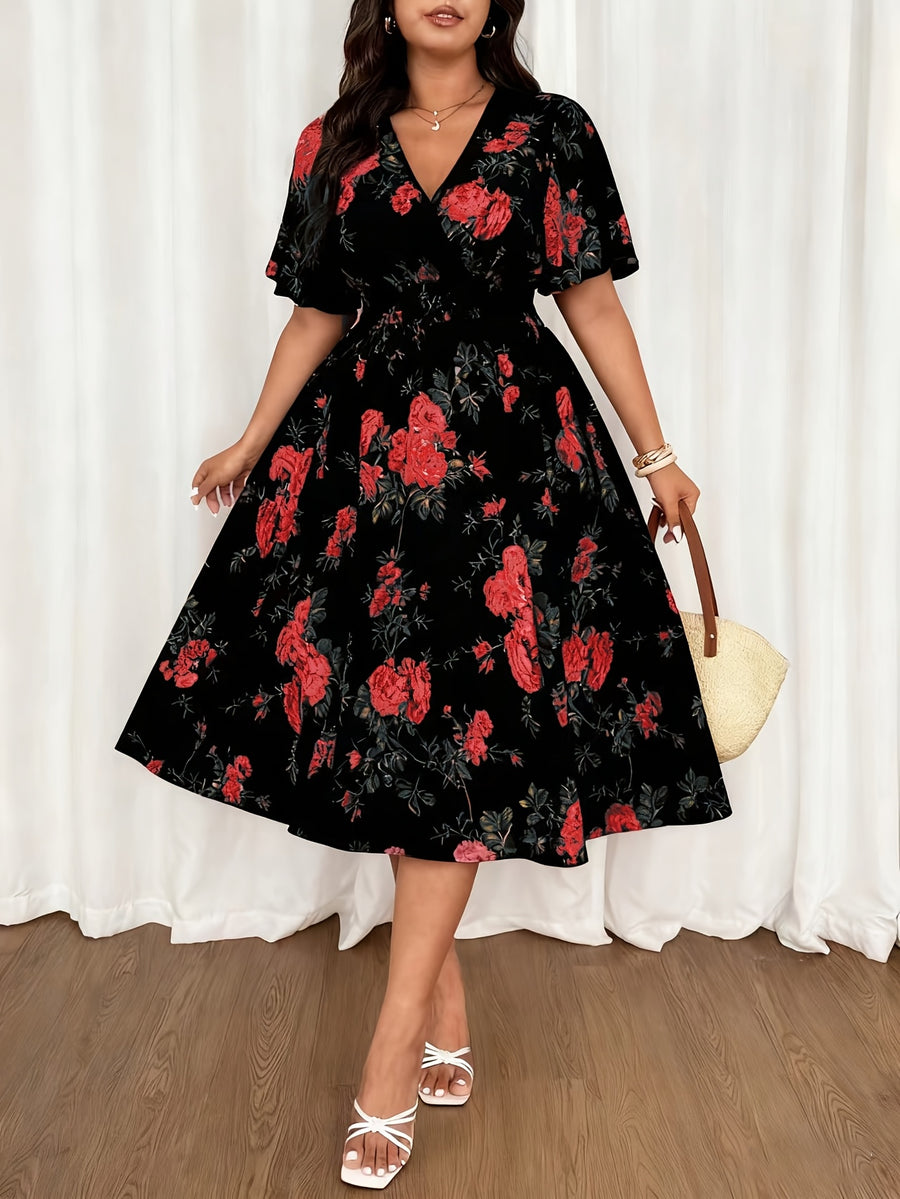 Plus Size - Summer Women'S Plus Size Women'S Summer Fashion Elegant Temperament Bohemian Floral Print Mid-Length Short-Sleeved Head Set V-Neck Loose Elastic Waist Lotus Leaf Sleeves Suitable for Vacation, Weddings, Formal Occasions, Festivals - Mixed colors