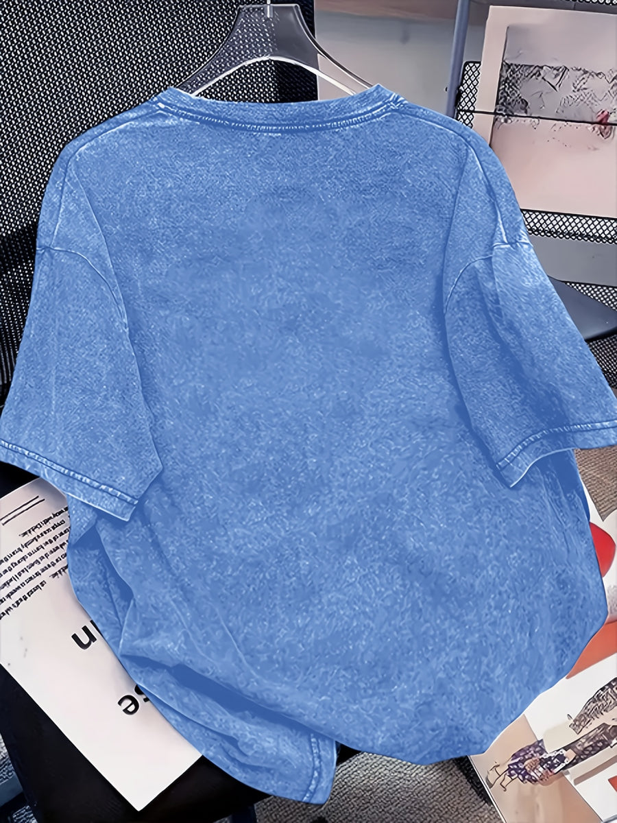Women's Washed T-shirtVintage Washed Women's T-Shirt with Bold Pop Art Print, Perfect for Casual Outings or Home Relaxation, Lightweight and Durable Blend, Stylish Statement Piece for Everyday WearWomen's Top Tee - Vibrant Blue