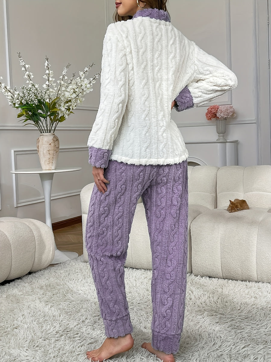 Plus Size 25AW Homewear Trend New Autumn/Winter Women's Pajama Cardigan Set with Long Sleeves and Long Pants, Embroidered Bear Pocket Design, Warm, Comfortable, Casual, Jacquard Loose Fit Loungewear - Dark Violet
