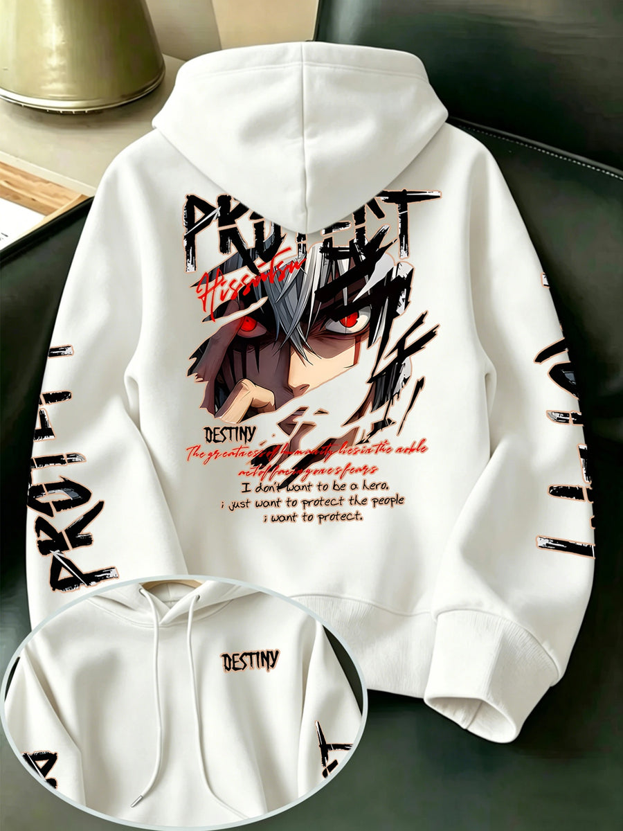 Limited-Time Special Offer: Single-pc Unisex Black Knitted Hooded Sweatshirt with Anime Boy Portrait Graffiti and English Print, Trendy Cool Anime-Style Loose Drop-Shoulder Hoodie for Spring/Autumn, Casual Wear for Outings and Gatherings - White