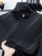 Men's Breathable Mesh Short Sleeve T-Shirt - Lightweight Non-Stick Summer Shirt Suitable for Business Casual & Casual Attire, Round Neck Striped Style (No Belt) for Office, Travel, Layering - Non- Round Neck - Black