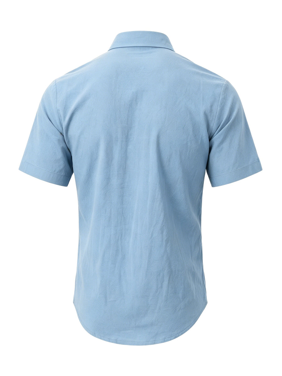 Men's Solid Color Button-Up Lapel Collar Short Sleeve Shirt - Breathable Textured Linen Button-Front Collar Shirt Suitable for Beach, Casual & -Casual Wear, Summer Office Outfits - Non-Stretch Button Collar - Light Blue