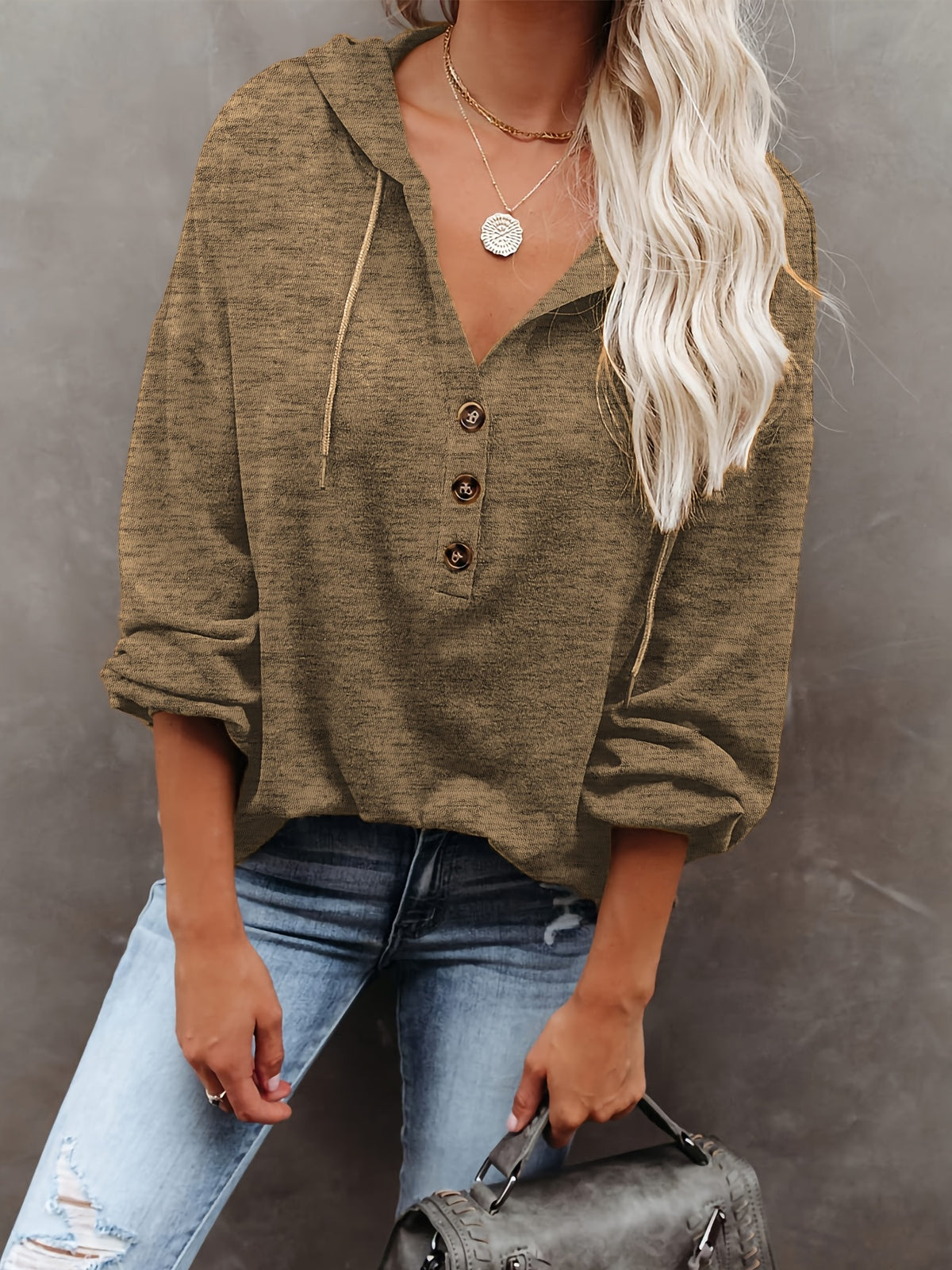 New Autumn/Winter Women's Fashion Hoodie, Casual Loose Pullover with Drawstring, Solid Color Long Sleeve, Relaxed Style Mid-Length Hooded Sweatshirt - Yellowish-brown