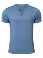 Men's Quick-Dry Moisture-Wicking Henley Shirt - Lightweight Breathable Stretch V-Neck Button-Front Collar T-Shirt Suitable for Gym, Outdoor, & Casual Wear, Solid Color Short Sleeve for Daily Activities & Summer Training (Machine Washable) - Sky Blue