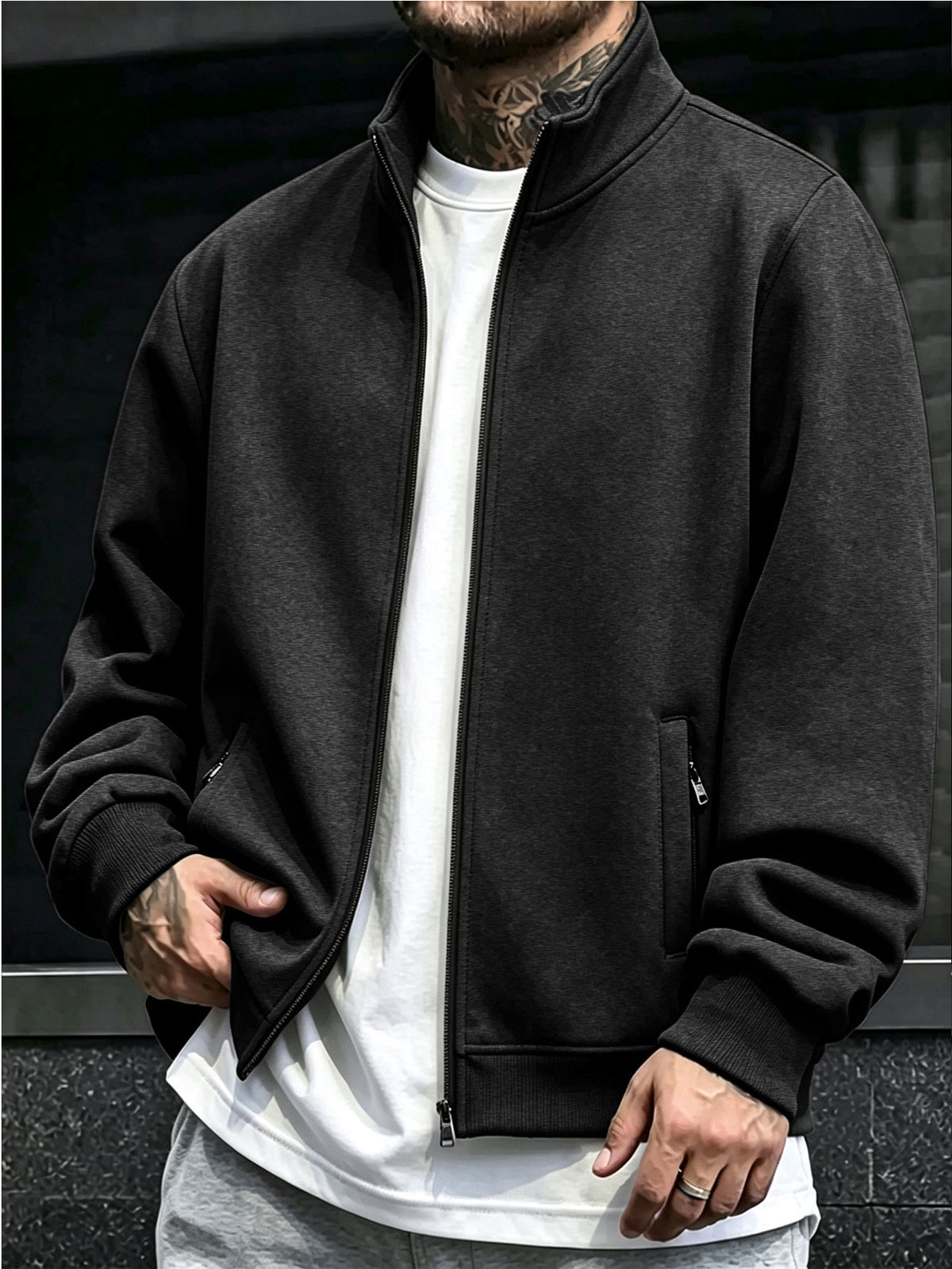 Men's Stand Collar Jacket Outerwear for Outdoor Commuting, Simple Casual Long Sleeve Spring/Autumn Pocket Style with Ribbed Cuffs, Full Zipper Closure, Side Zipper Pockets, Cardigan Jacket - Dark Gray