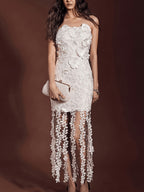 Western Style White Bandeau Dress, Intricate 3D Embroidered Floral Tassel Mesh Skirt, Beach Vacation Birthday Banquet Battle Dress, High-End Temperament Long Dress - Ivory White