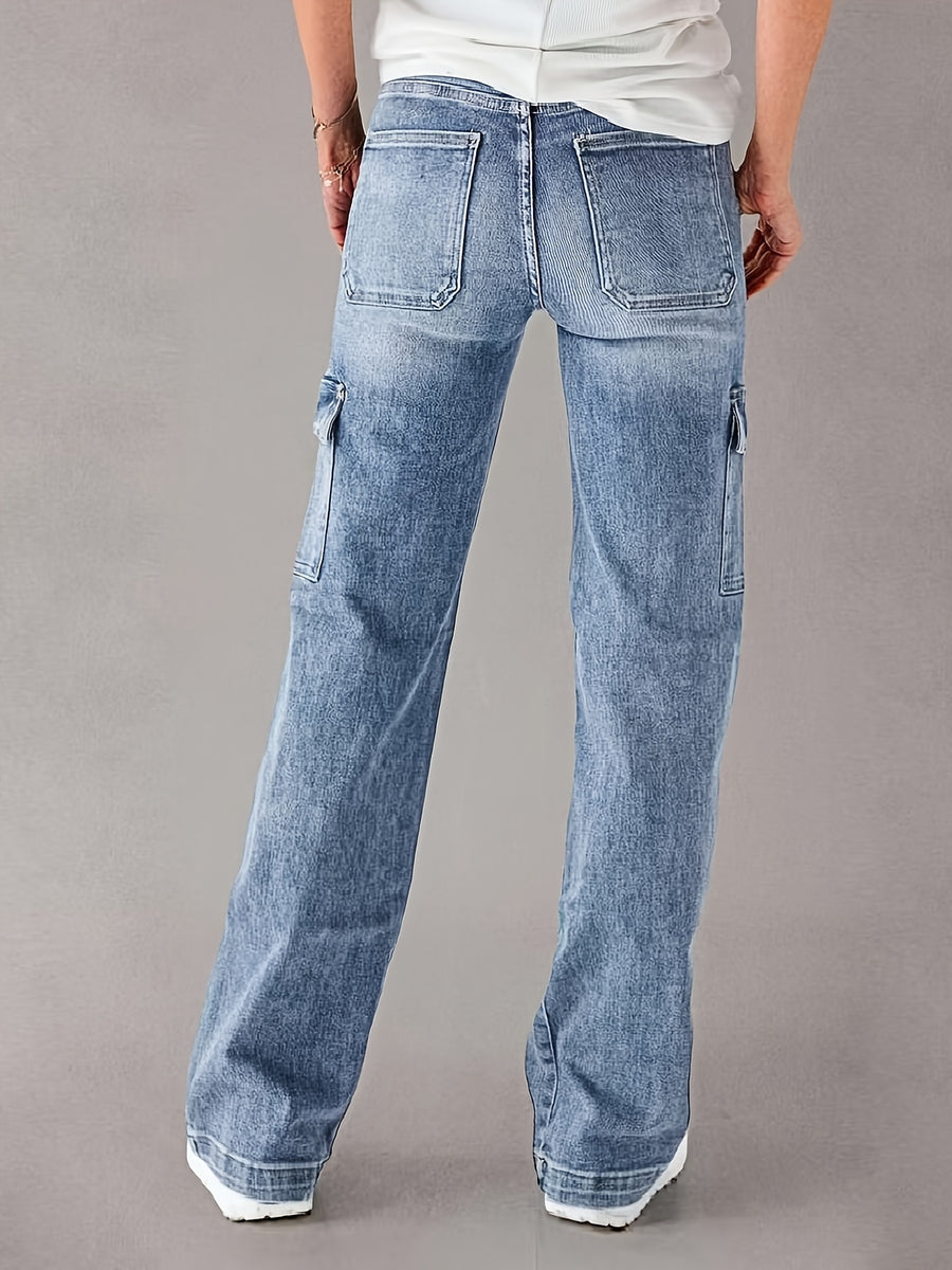 Women'S Stretch Contrast Wide Leg Straight Cargo Multi-Pocket Jeans Street Trendy Style - Bright Steel Blue