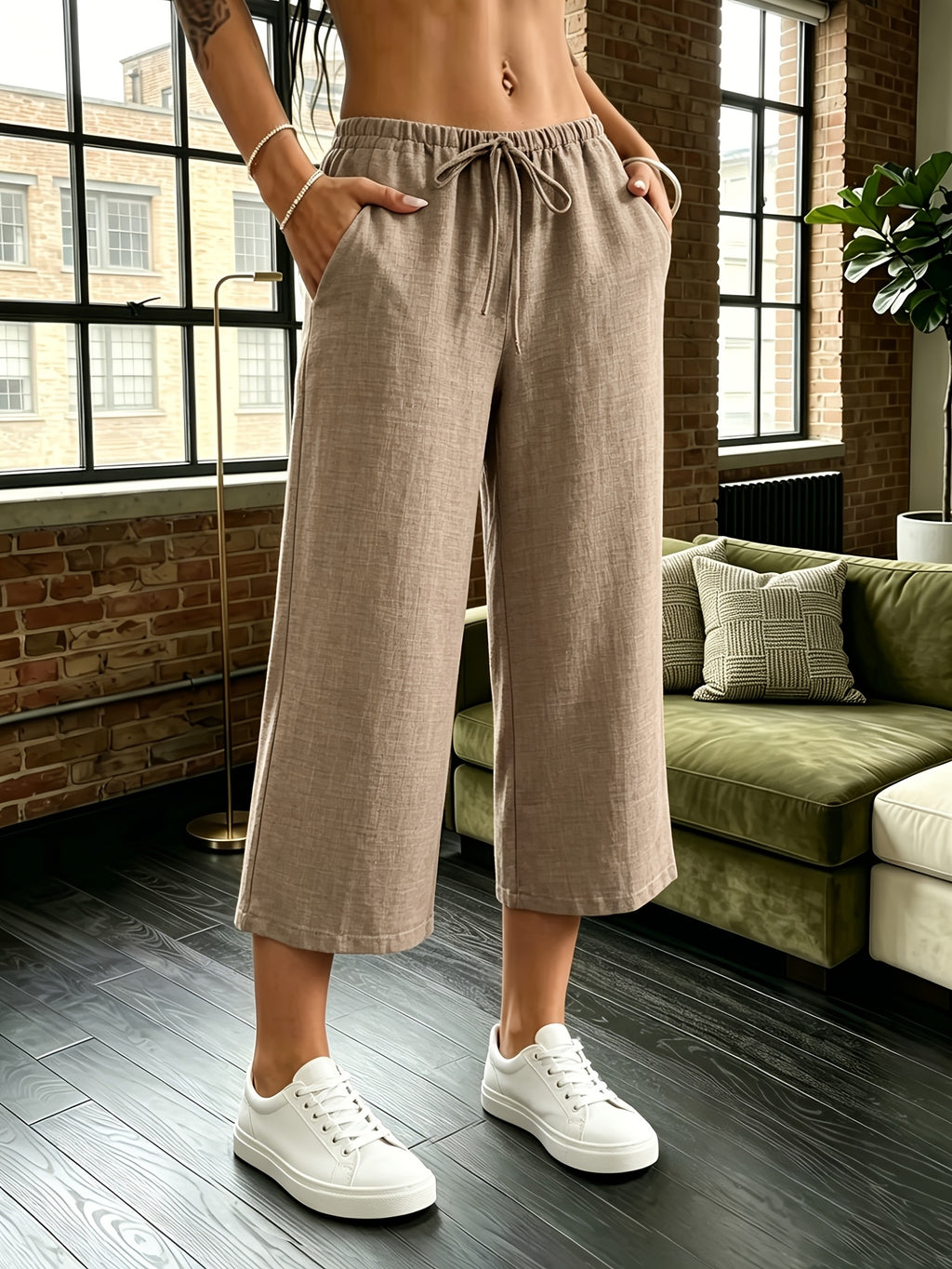 2pcs Women's Quick-Dry Compression Capri Pants - Full-Length Suitable for,, & Casual Wear, Pocketed Leggings, Machine Washable Solid Color Pants for Year-Round and Everyday Use - Coffee... Khaki Exquisite Hemp