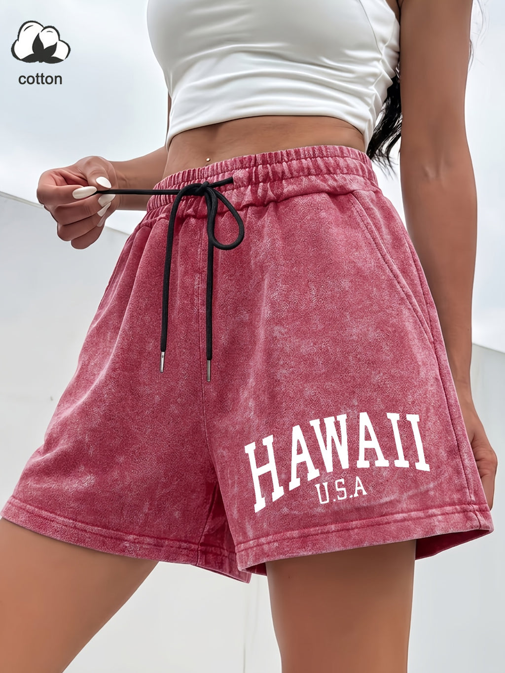 Western Trendy Hawaiian Letter Print Casual Distressed Women'S Shorts, Elastic Drawstring Waist Design, Versatile Home Wear, Lifestyle Fashion - Red