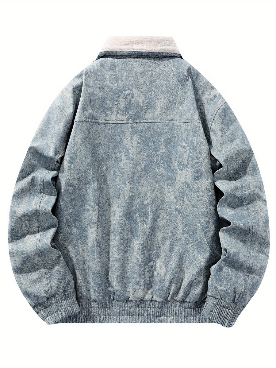 Fashion Street Trendy Autumn Winter Men'S Lapel Jacket Retro Faux Denim Fleece Thick Cold-Proof Cargo Jacket Top - Blue