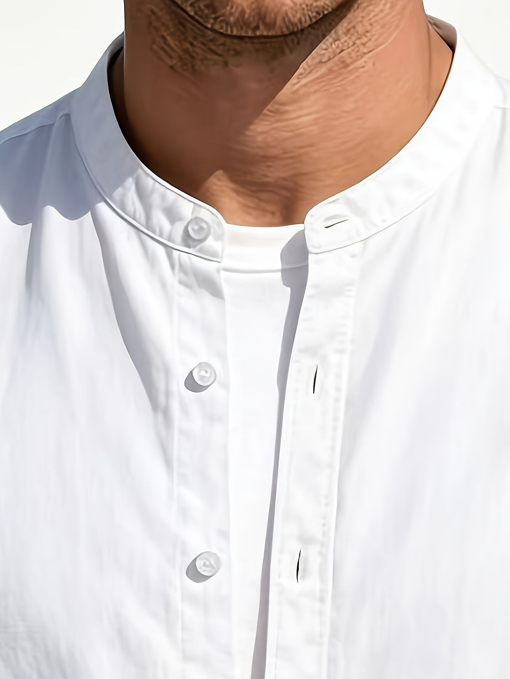 Men's Casual Stand up Collar Long Sleeved Shirt, Simple Solid Color Versatile, Suitable for Both Business and Leisure, Daily Commuting Outerwear - White