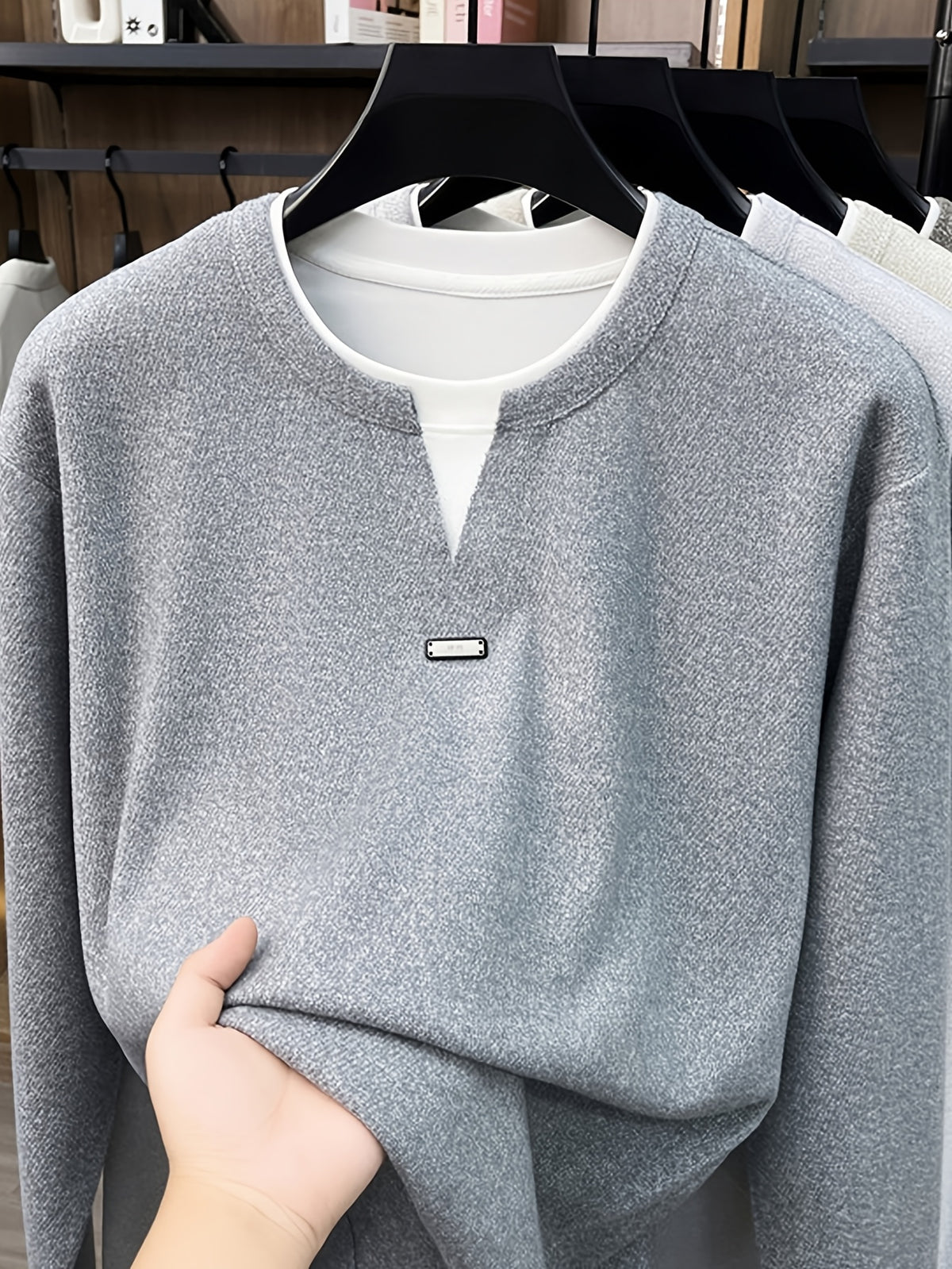 Men's 2-in-1 Look V-Neck Sweatshirt, Loose Drop Shoulder, Casual Pullover Long Sleeve, Suitable for Daily Commuting and Leisure. -SINBOS - Medium Gray