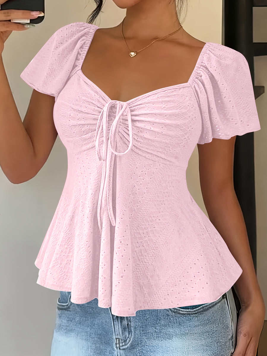 Fashionable and Elegant Spring/Summer New Arrival Y2K Solid Color Jacquard Comfortable and Breathable V-Neck Drawstring Short Sleeve Top Women's T-Shirt - Pink