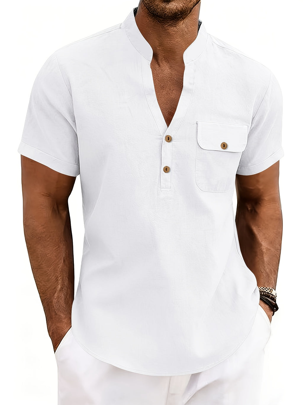 Men'S Pure Henley Shirt Spring And Summer Casual Breathable Sweat-Absorbent Linen Texture Short-Sleeved Half Placket Pocket Easy Solid Color Small Stand-Up Collar POLO Shirt, Sweat-Resistant - White