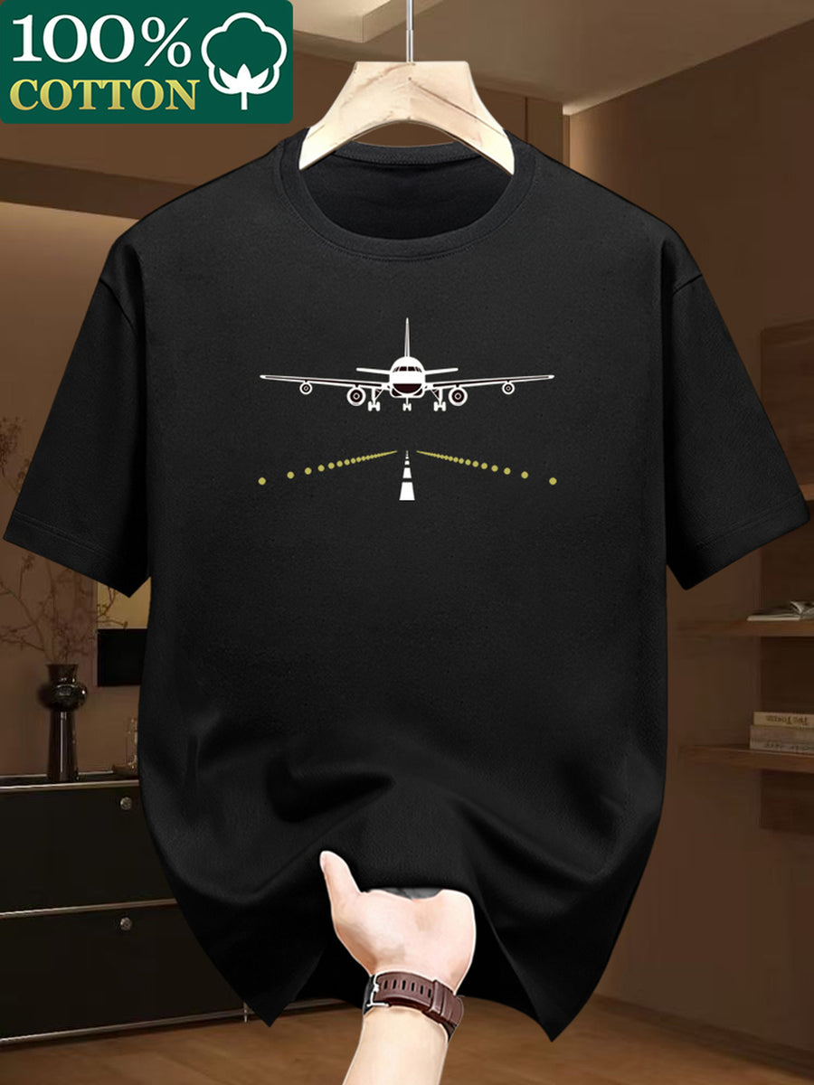 100% Cotton Men's T-Shirt, Cotton Fabric, Airplane Print, Lightweight, Breathable, Sweat-Absorbent, Essential Summer Daily Top - Black