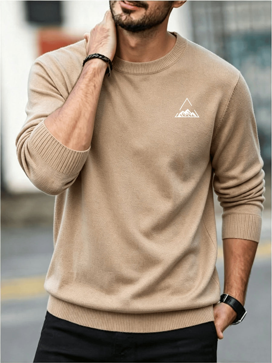 Men's Minimalist Triangle Print Knit Sweater - Warm Crew Neck Long Sleeve Pullover, Stretchable Base Layer Suitable for Autumn Winter Layering, Casual Office Wear & Cold Weather, Hand Washable Regular Fit Sweater - Light Brown-1