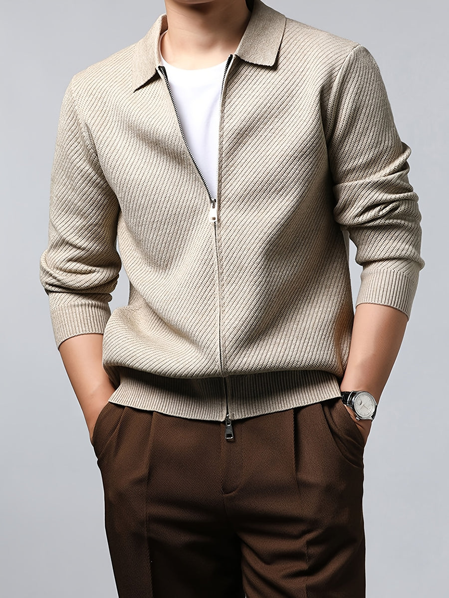 Men's Lapel Zipper Twill Knit Cardigan, Featuring a Classic Small Lapel Structure That Distinguishes It from Ordinary Crewneck Sweaters, Exuding a Sharp and Capable Business Aesthetic - SINBOS - Apricot