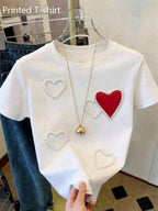 [Printed Design - Not Textured] Women'S White Trendy Coquette Heart Print T-Shirt, Elegant Graphic Design, Soft Casual Daily Top - White