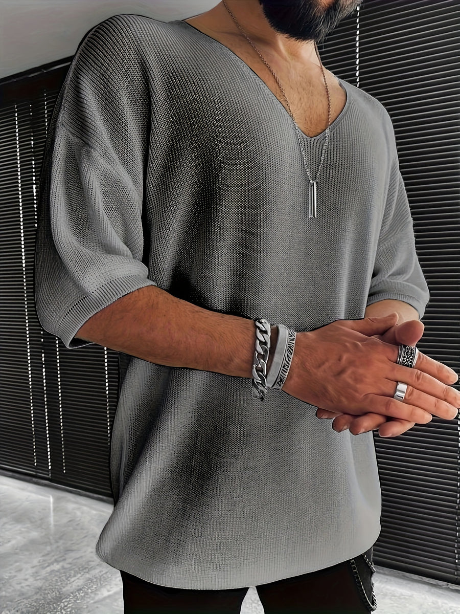 Men'S Loose-Fitting Short-Sleeve Pullover with a V-Neck And Dropped Shoulders, Knit - Grey
