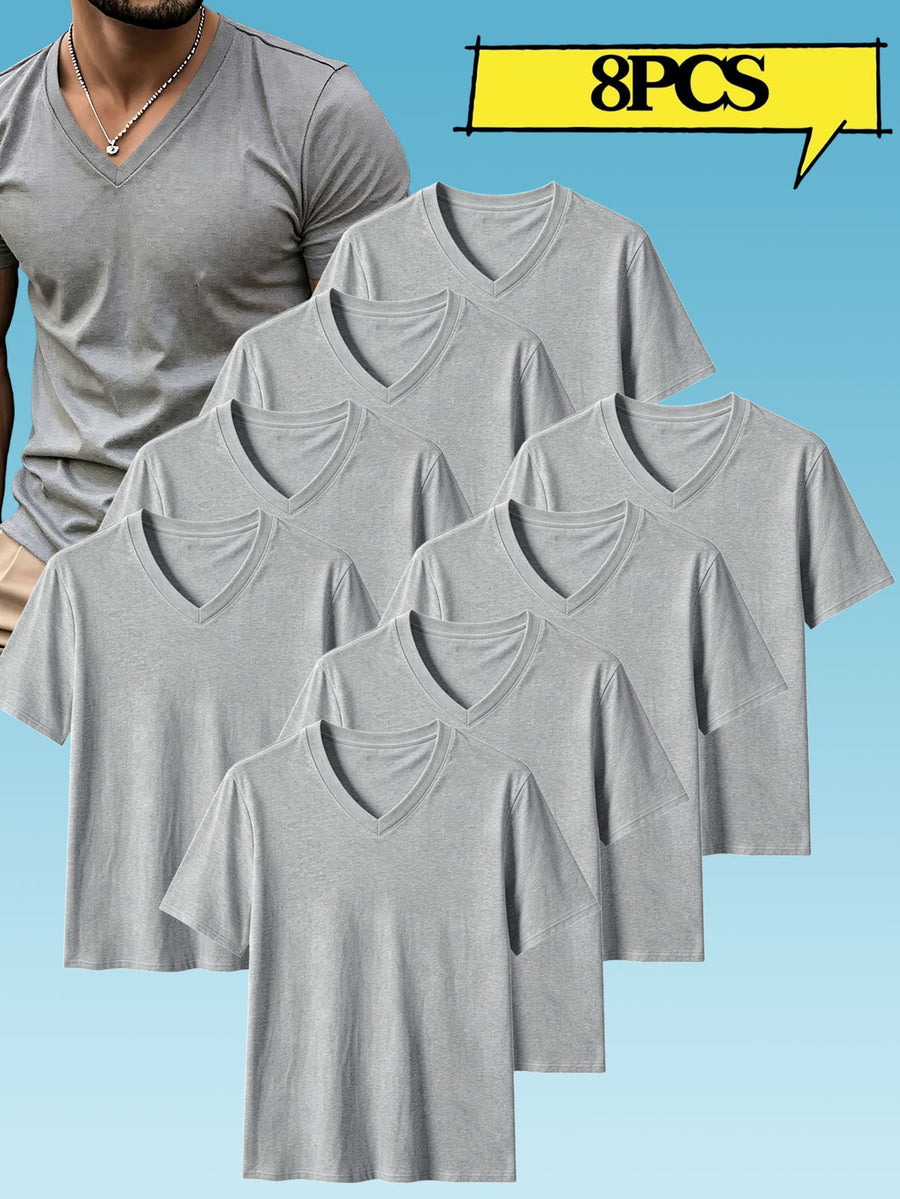 8pcs Men's Casual Knit Ribbed V-Neck T-Shirt / Soft and Comfortable Fabric / Short Sleeve / Solid Color / Crew Neck / Back-to-School Season, Casual Sporty Design Top, Multiple Colors Available, Suitable for Summer Daily Wear - 8-piece set in light gray
