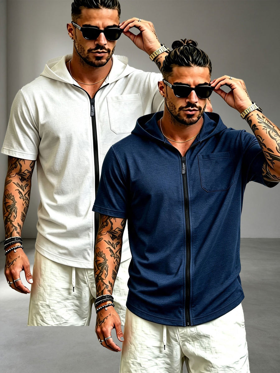 2pcs Men's Casual Sports Zipper Hooded Short-sleeved T-shirt Jacket Suitable for Sports Fitness, Beach Vacation - White + Navy Blue