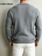 FORLENGKE Men's Crew Neck Knit Cardigan, New Spring/Autumn Solid Color Sweater Outerwear, Simple Single-Breasted Casual Long Sleeve Top, Light Luxury Versatile Loose-Fit Outer Knit Jacket for Men's Commuting Outfits - Light Grey