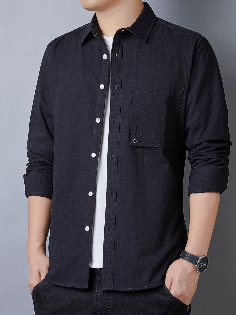 Men's Casual Pure Cotton Long-Sleeve Shirt for Spring and Autumn, Solid Color Simple Lapel Single-Pocket Shirt for Daily Commuting, Work, and Dating, Men's Top - Black