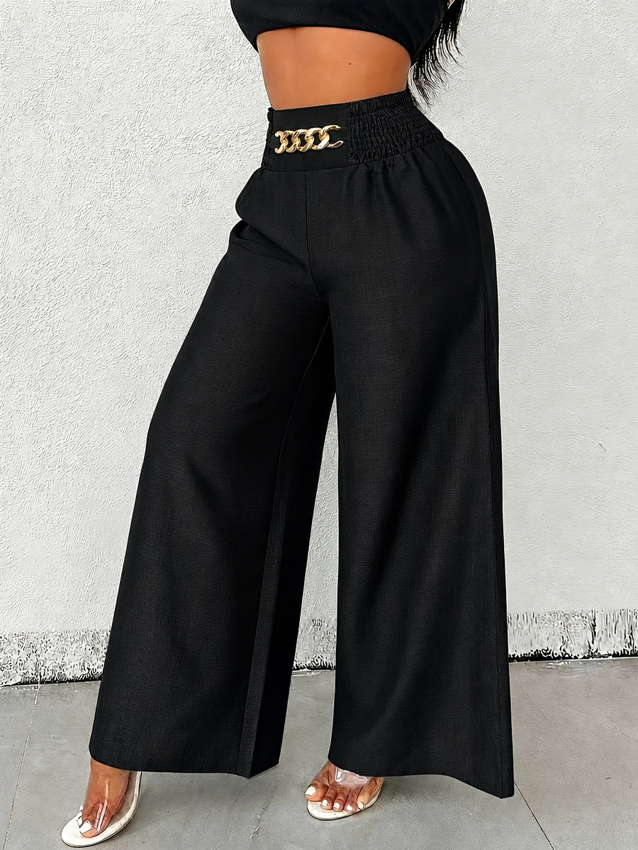 【imitation denim】[Printed Pants - Not Faux Denim Fabric]Women'S Elegant And Fashionable Faux Denim Waist Metal Buckle Elastic Waist Wide-Leg Pants, Solid Color Casual Comfortable Commuting Street Vacation Slightly Loose Straight-Leg Pants - Black